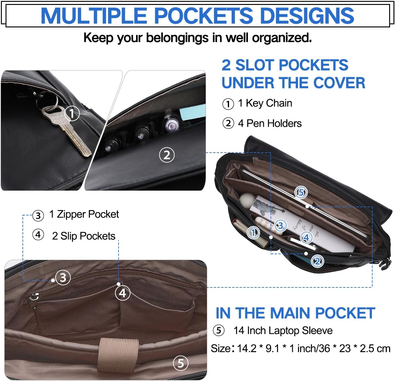 VX VONXURY Messenger Bag for Men, Pu Leather 14 Inch Laptop Briefcase Bag for Work Bussiness and School,Black