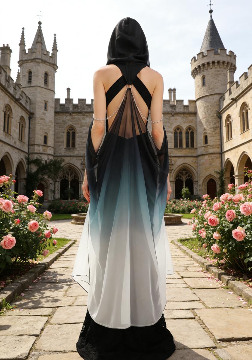 DAZCOS Women's Chiffon Fairy Hooded Cape Elf Sheer Cloak Tulle Bridal Off Shoudler Capelet for Christmas - Image 4