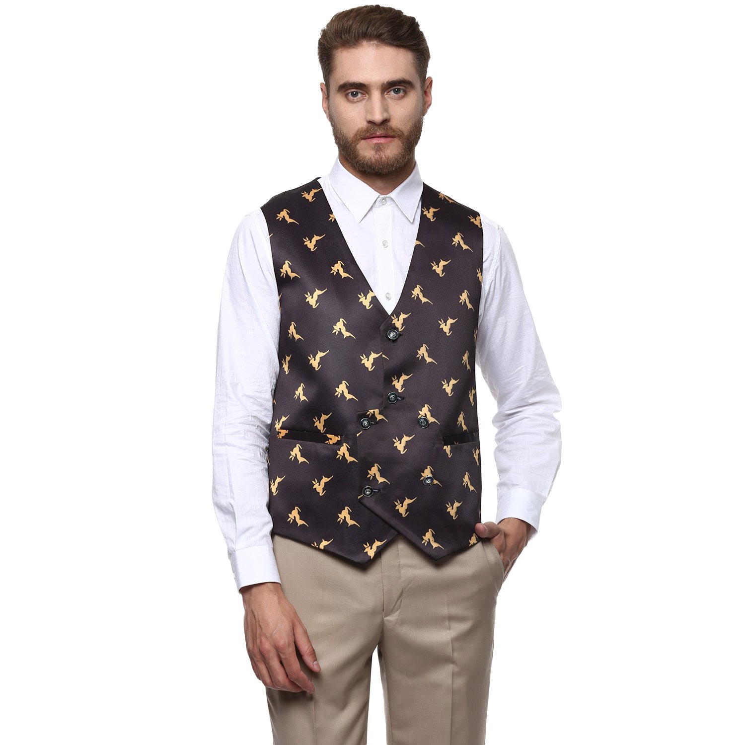 routeen V Neck Black Printed Waistcoat for Men-picture-26