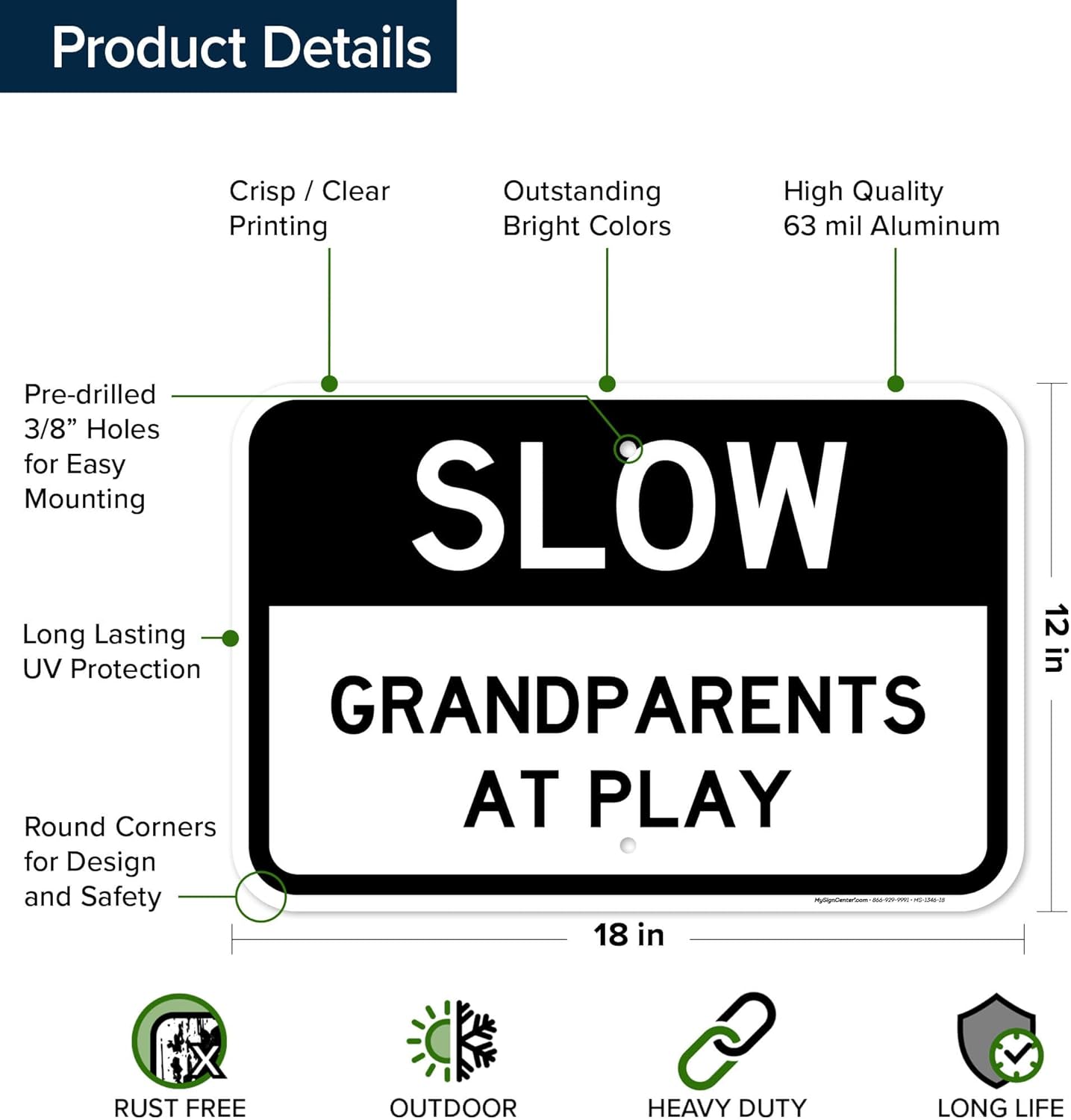 Slow Grandparents at Play Sign, 12x18 Inches, Rust Free .063 Aluminum, Fade Resistant, Made in USA by My Sign Center