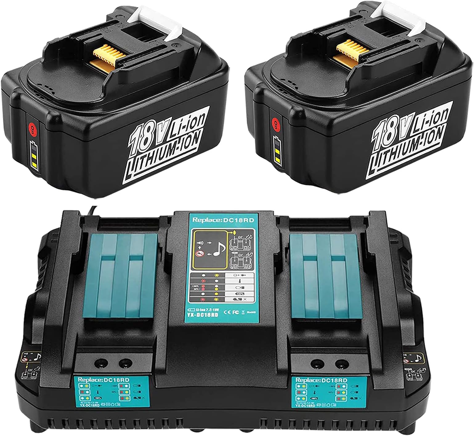 2x replacement 18V 5.0Ah BL1850B battery replacement battery with Fast Charger DC18RC DC18RD for Makita BL1830B BL1840B BL1850B BL1860B, Makita Radio DMR105 DMR108 DMR110 BVC350Z, BCF201Z, BCL180Z