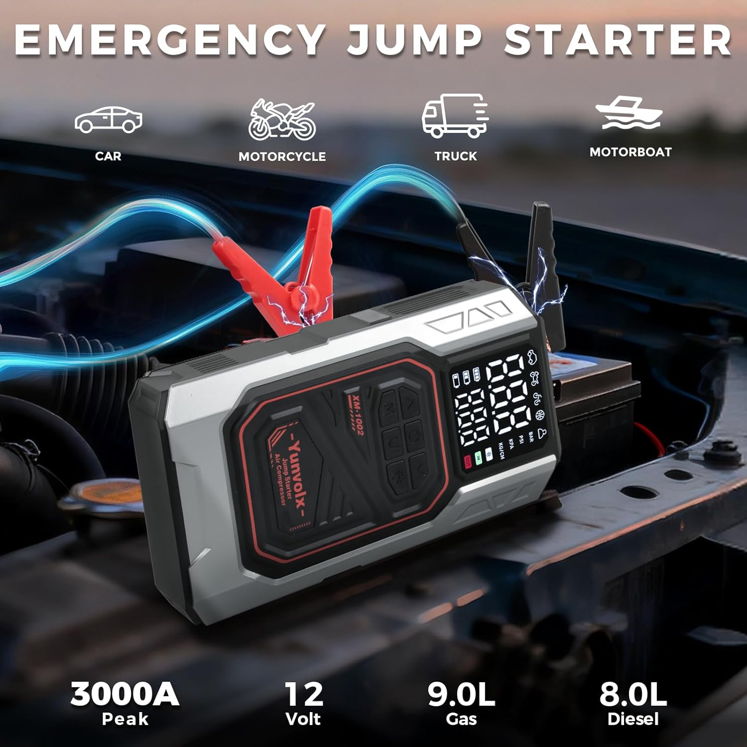 Jump Starter with Air Compressor, 3000A 12V Portable Car Emergency Jump Starter (for 9L Gasoline / 8L Diesel Engines), Equipped with USB Output, Storage Box, and LED Flashlight