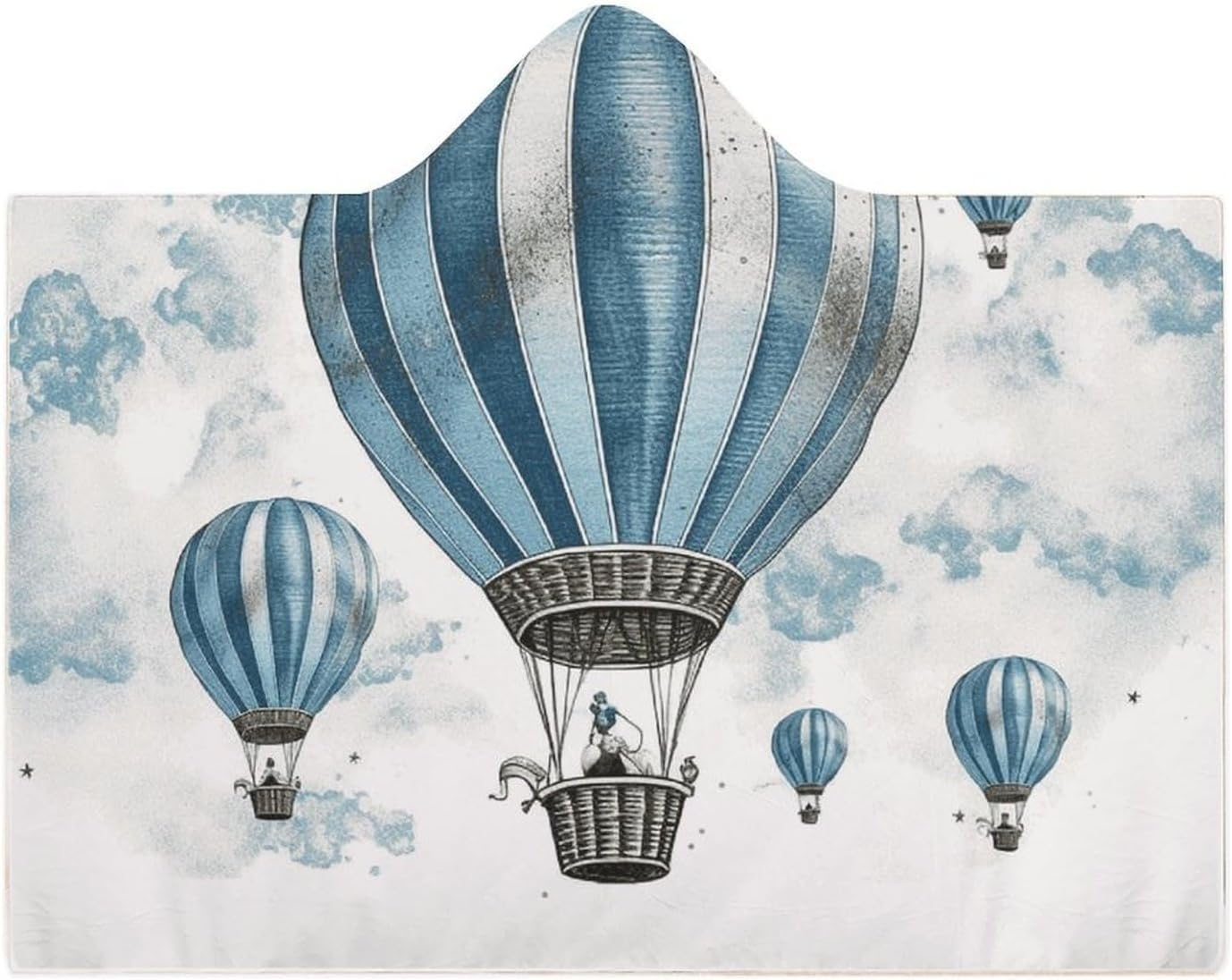 Blue Hot Air Balloon Wearable Hooded Blanket, Ultra Soft Arctic Velvet Cape Cloak Unisex - Cozy Wearable Blanket