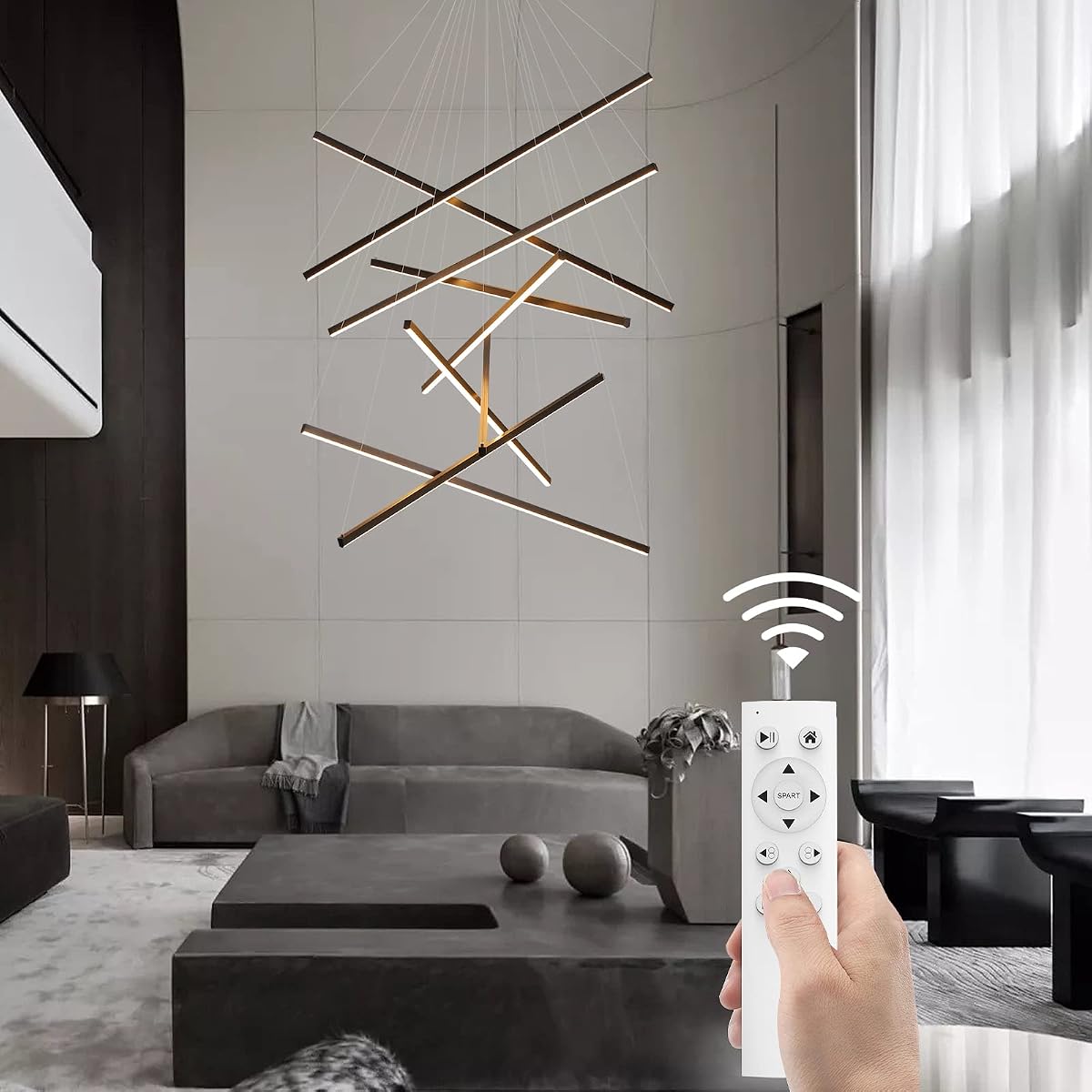 JAYMP Modern LED Chandeliers Dimmable Pendant Light Fixture 9 Lights for High Ceiling Living Room Dining Room Staircase Restaurant Sputnik Floating Sculptural Art Hanging Lamp (Black, 47.2inch)