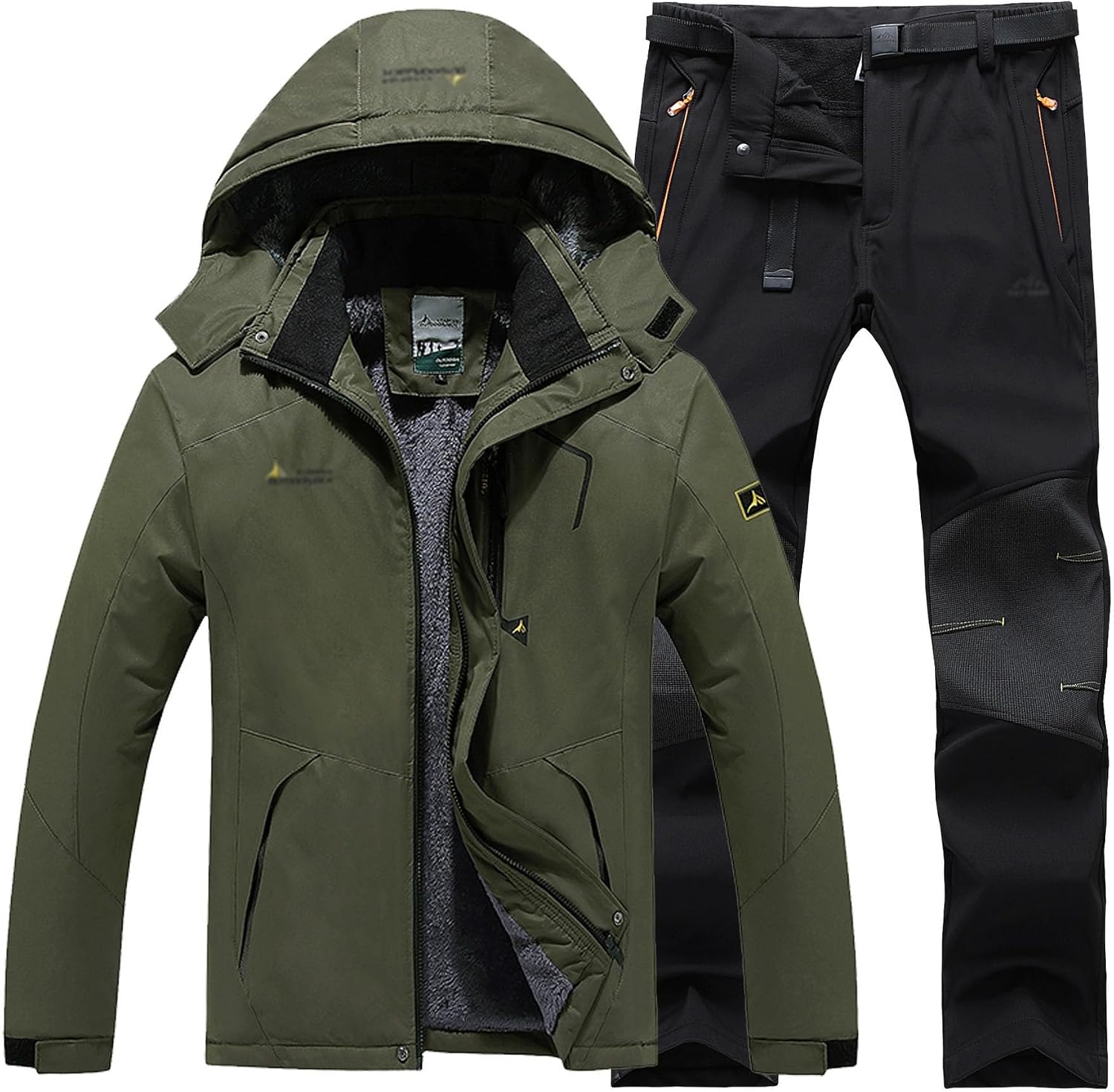 Men's Plus Size Adult Ski Suits Set, Men Winter Warm Waterproof Windproof Hooded Jacket and Pants with Belt Set