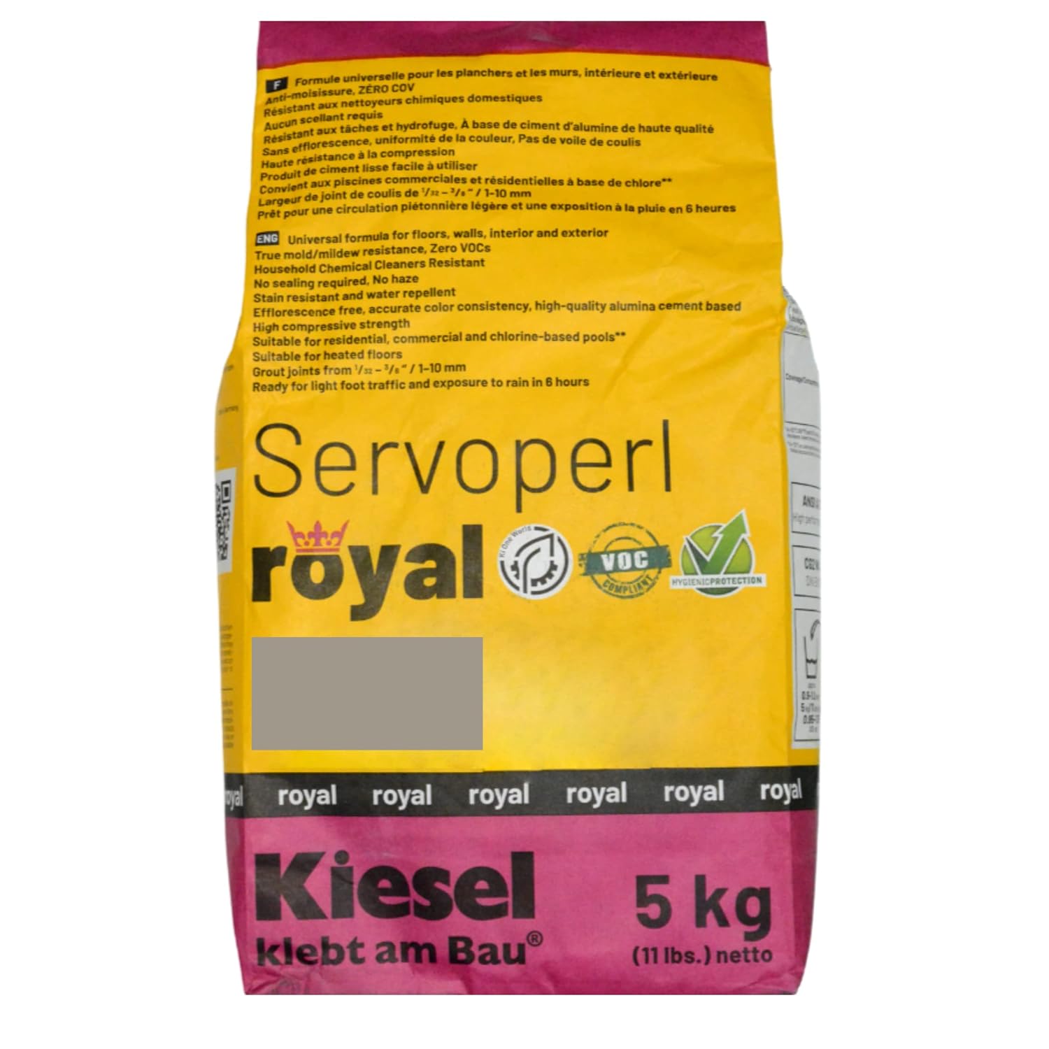 Kiesel Servoperl Royal High-Strength Stain and Water Repellent Grout 11lbs (5kg), Alumina Cement Based, Designed for Walls, Floor Tile Installations Colored in Stone Grey