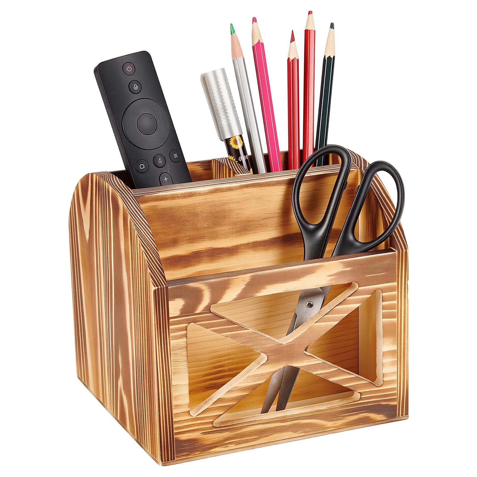 Rustikaler Schreibtisch Organizer Aus Holz Vintage Fernbedienungshalter 16x15.1cm Großer Holzhalter Für Bürobedarf Tisch Organizer Box Mit 3 Fächern Für Das Wohnzimmer (Burlywood)