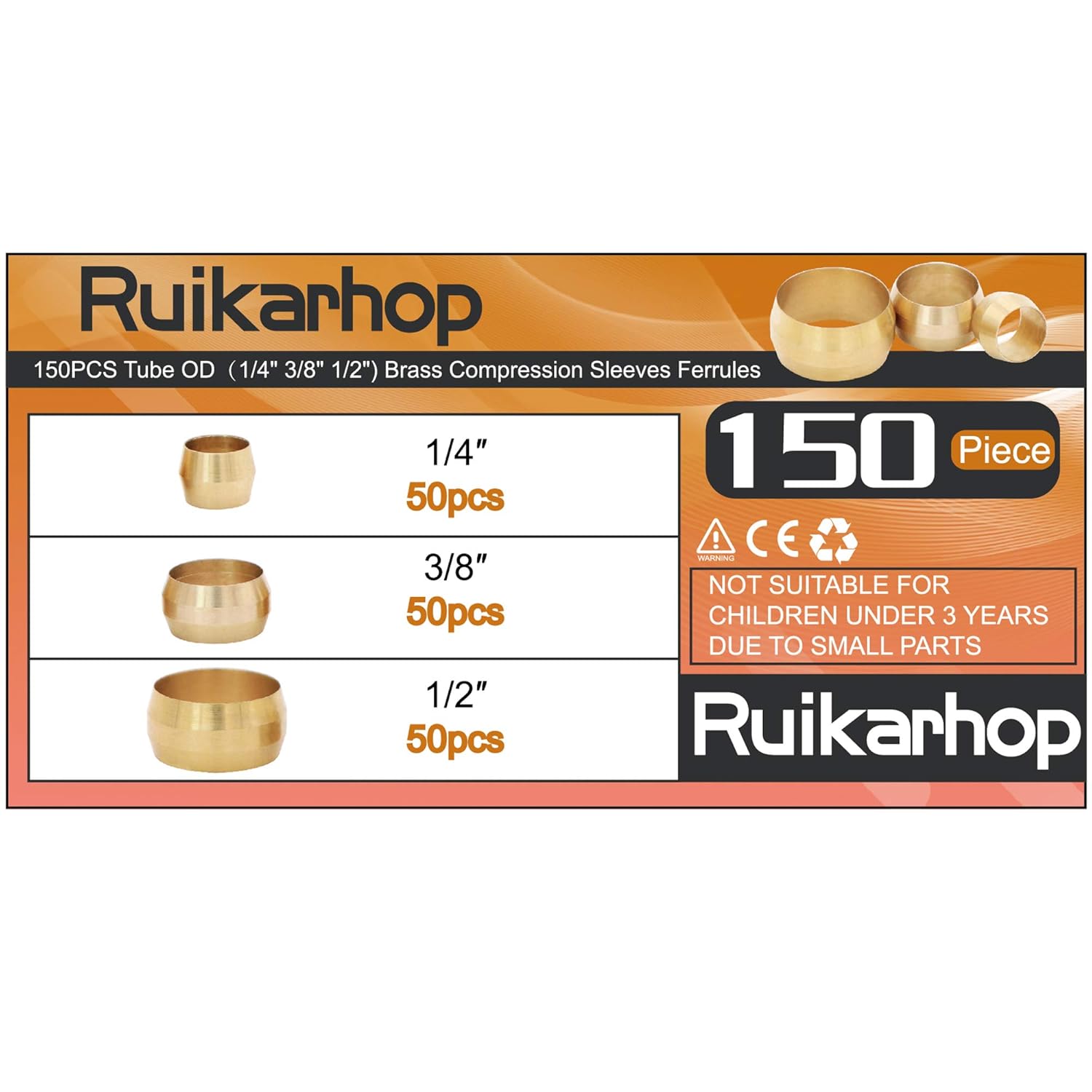 150PCS Tube OD（1/4" 3/8" 1/2") Brass Compression Sleeves Ferrules,Brass Compression Fitting Assortment Kit