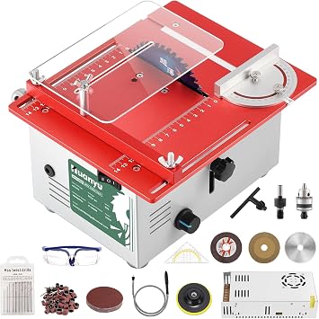 Huanyu Table Saw 360W, Desktop Table Saw, Cutting/Grinding, Mini Table Saw, 0-1.2 inches 0-30 mm Blade Lift, Variable Speed, 10000 RPM, Double Motor, 0-180  Angle Adjustment, with 4 Saw Blades