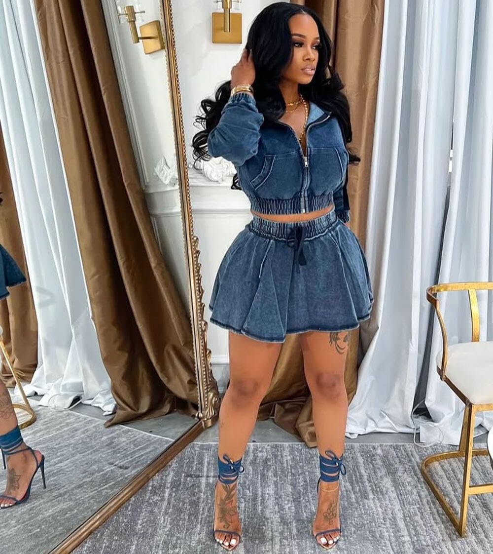 THLAI Denim Women 2 Piece Skirt Sets Long Sleeve Zip Up Hoodie Jackets Top and Flare Pleated Mini Skirt Fall Denim Outfits