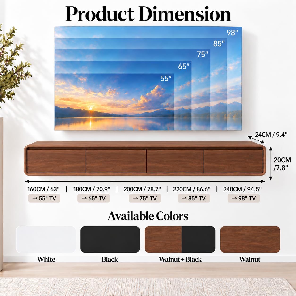 Meuble TV en Bois Massif,160–240CM Meuble TV Suspendu, Meuble Bas pour TV Mural, Adapté au Salon et à la Chambre（Noyer 200CM）