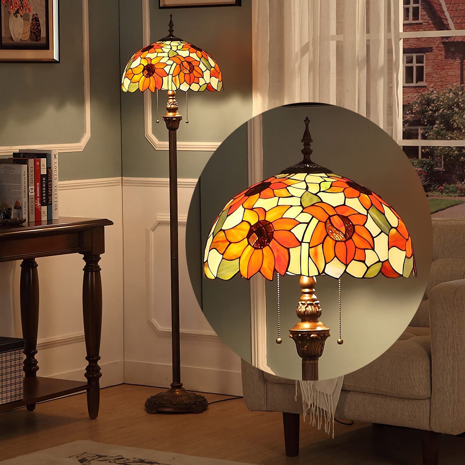 IUokLU Tiffany-style Floor Lamp,Stained Glass StandLamp,Vintage Resin Base ReadFloor Lamp, Bedroom, Office,16" Width and 63" Tall