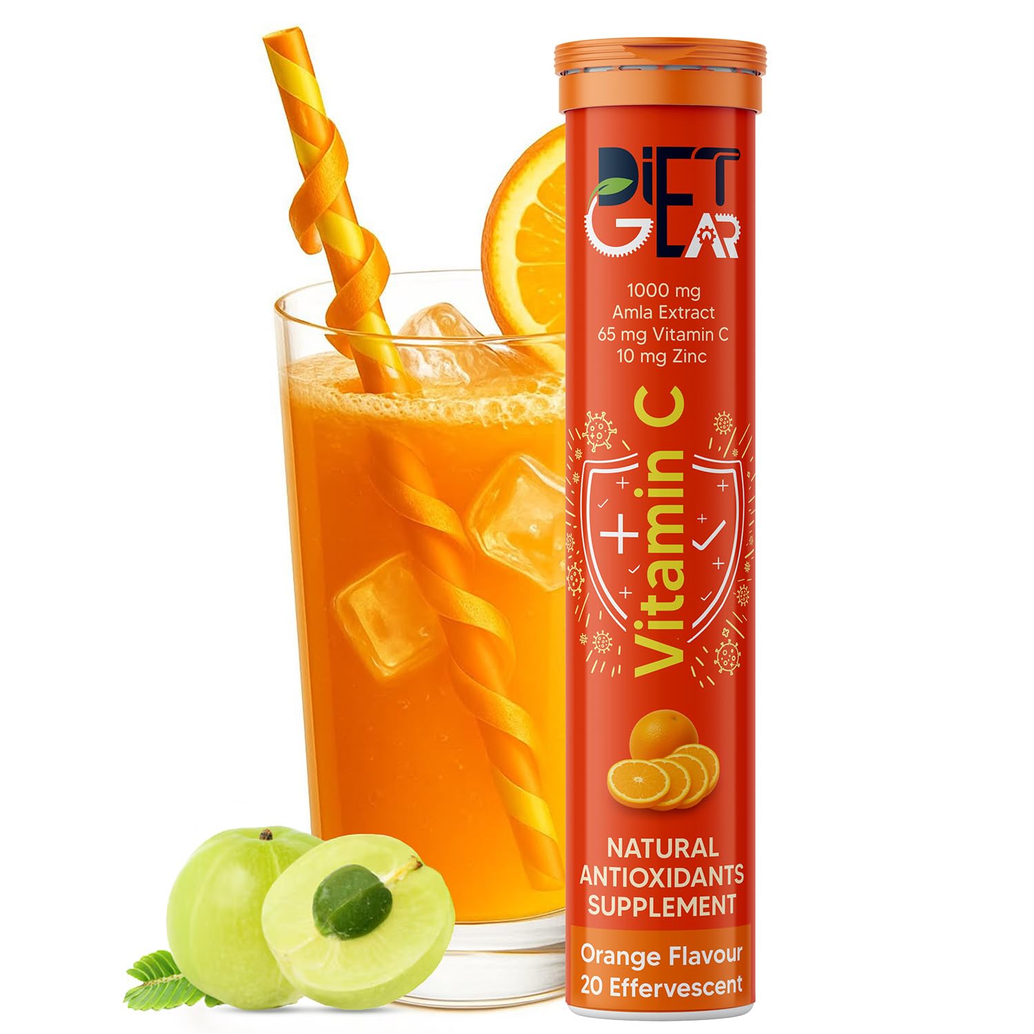 1000 mg Natural Vitamin C and 10 mg Zinc Effervescent Tablet Supplement | Organic Immunity Booster, Skin Care, Antioxidants & Energy Boost | 100% RDA | 20 Tablets - Orange Flavour