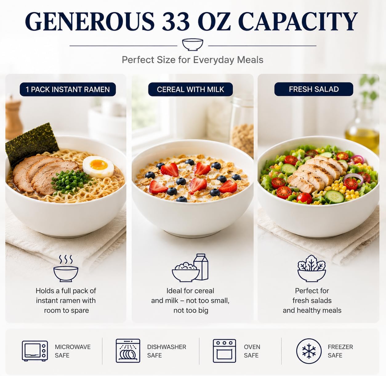 White Ceramic Soup Bowls Set of 4, 33 oz Pasta Bowls 7 Inch, Deep Salad Bowls for Ramen, Pho, Noodles, Cereal, Rice and Fruit