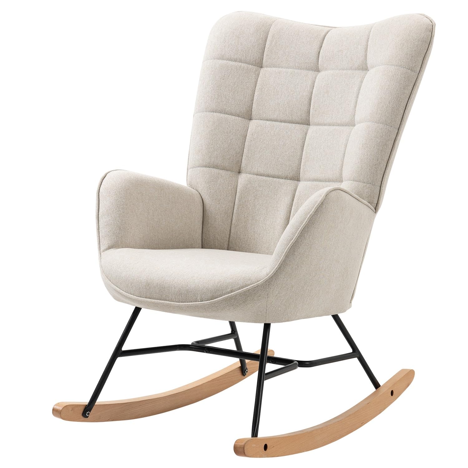 MEUBLE COSY Fauteuil à Bascule de Jardin, Chaise de Détente pour Terrasse et Balcon Couverts, Design Scandinave avec Pieds Bois et Métal, Tissu Non Imperméable