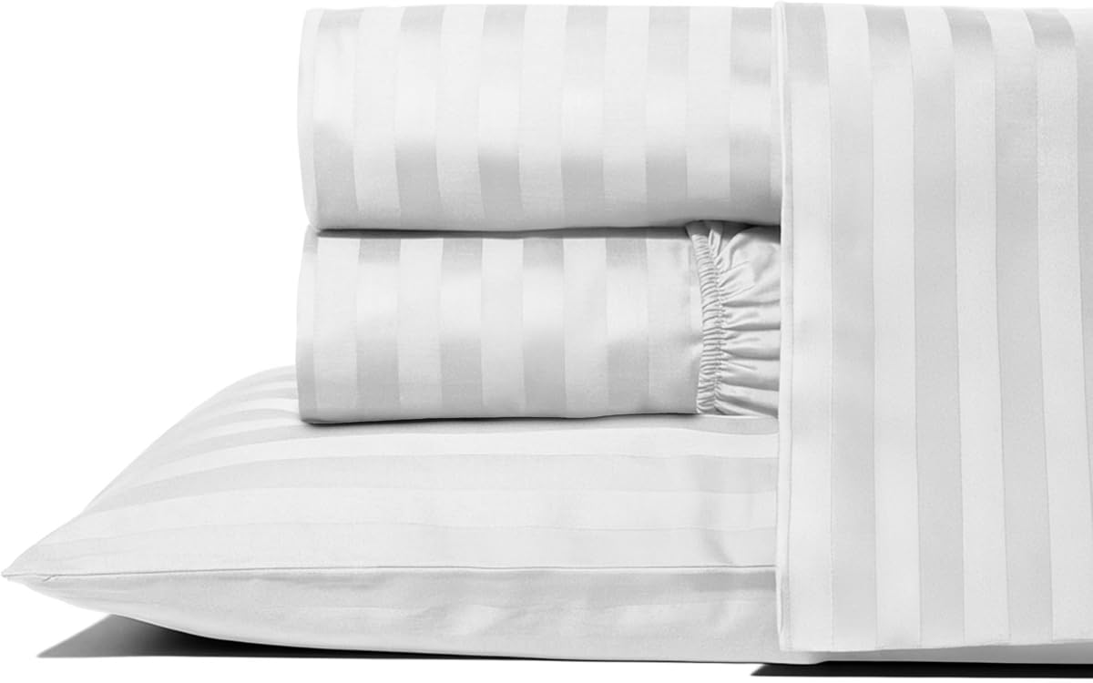 THREAD SPREAD California King Bed Sheets, Luxury 1000 Series Paradise Collection 100% Egyptian Cotton Damask Striped Cal King Sheets Set (4 PC, White Stripe), 16" Deep Pocket Hotel Sheet Set