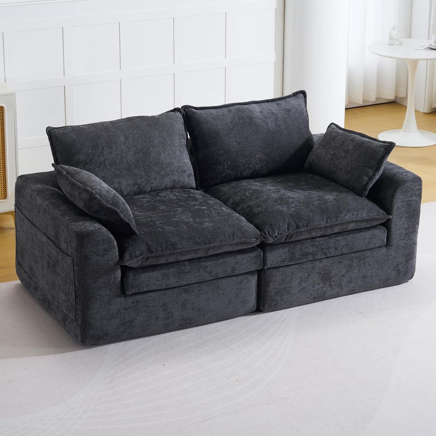 80" Loveseat Sofa,Cloud Sectional Couch for Living Room,Modern Modular Sectional Sofa Boneless Couch with Throw Pillows,Side Pockets,No Assembly Required,Chenille,Black