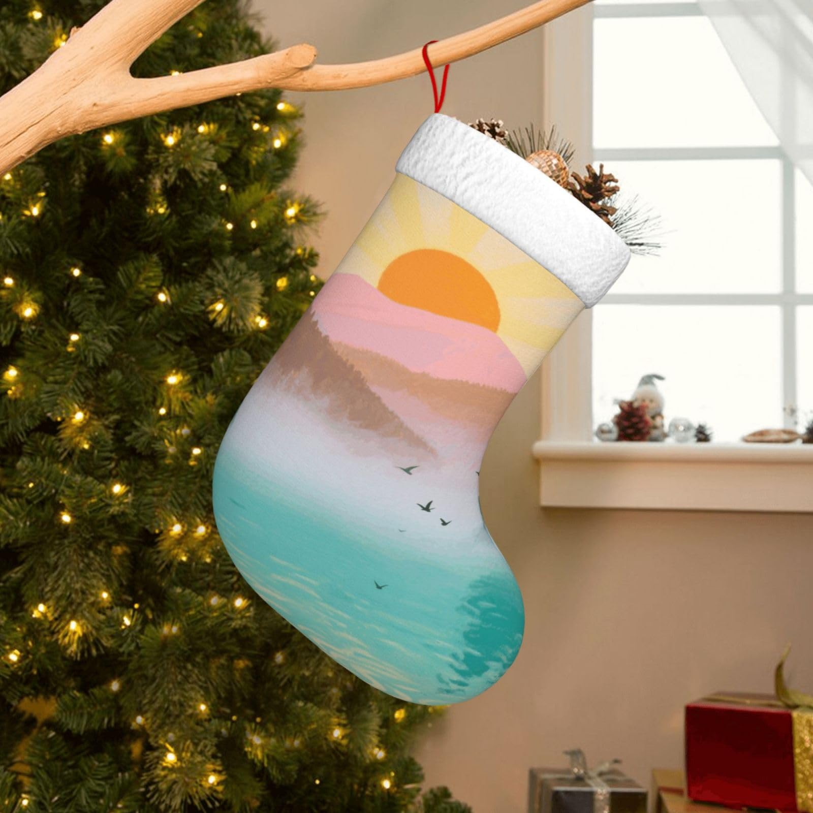 Velvet Christmas Stockings 17.7 Inch, Sun and Tree Xmas Stocking with Soft Cuff,Classic Personalized Christmas Tree Decoration for Family Holiday New Year Party Supplies