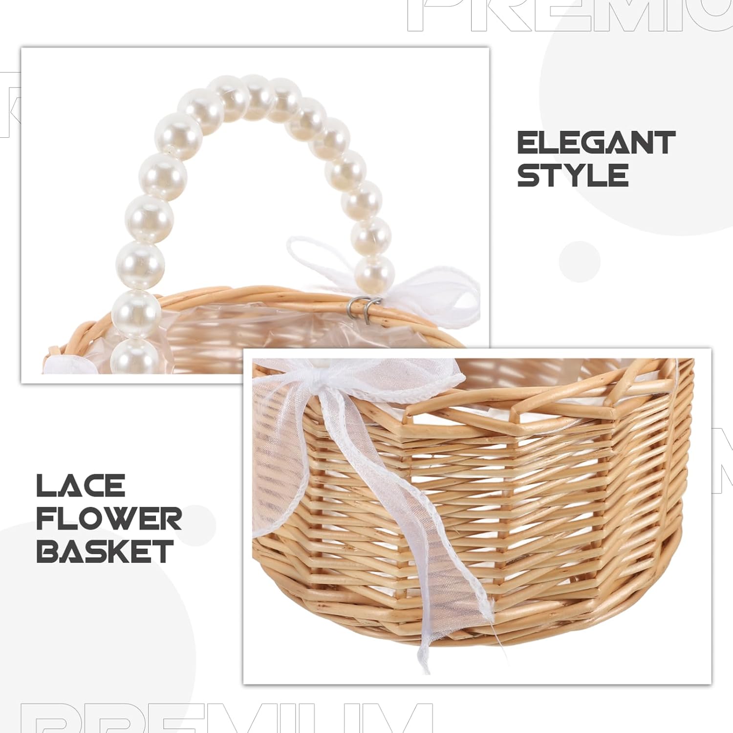 IMIKEYA Woven Flower Basket with Beaded Handle Elegant Wicker Container for Flower Girls Weddings Home Decor and Outdoor Activities Rustic and Stylish Floral Arrangement Basket image 5