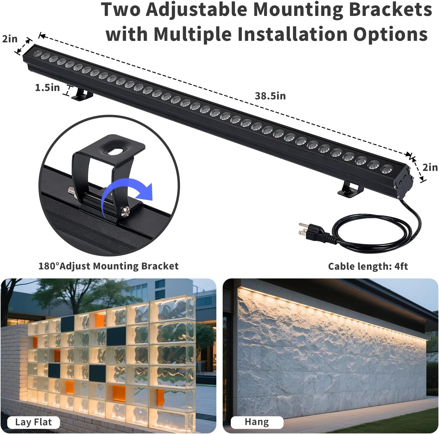 2 Pack RGBW Wall Washer Light 100W Outdoor LED Lights, IP67 Waterproof Landscape Linear Lighting, 2000Lm 85-265V Wall Light Bar with Remote Control & Dimmable For Commercial Building Facade(Plug in)
