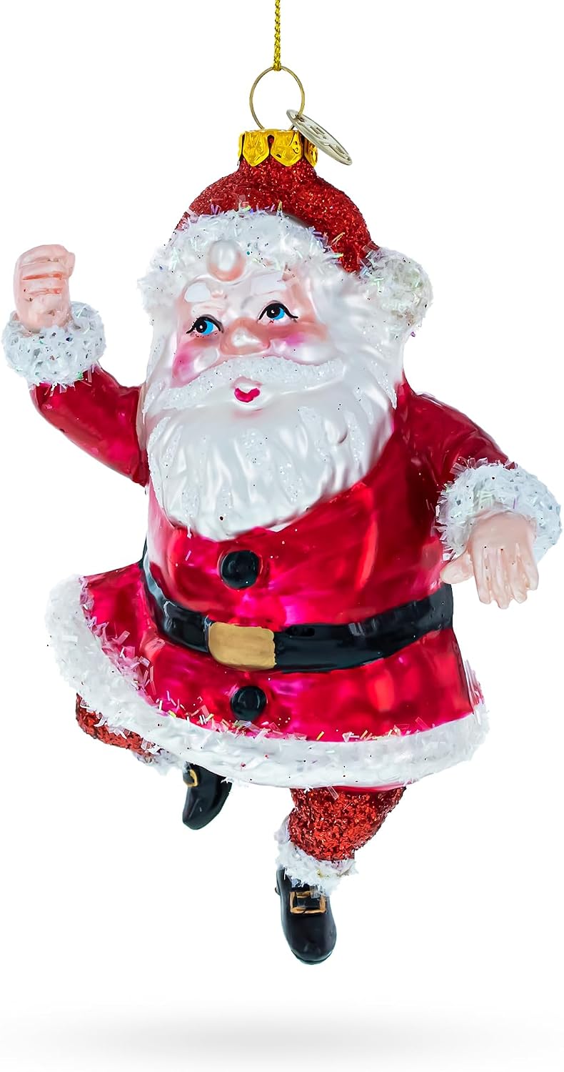 Santa Boogying in Festive Red Attire Glass Christmas Ornament