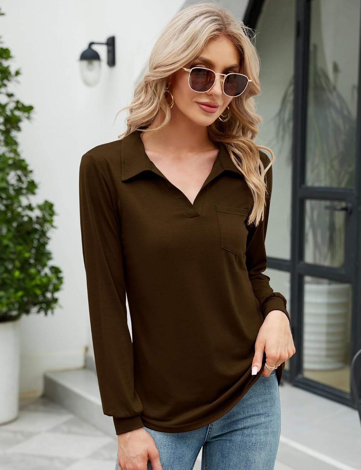 AKEWEI Womens V Neck Polo Shirts Short Sleeve Collared Tops Loose Casual Tunic Blouses with Pocket - Image 3