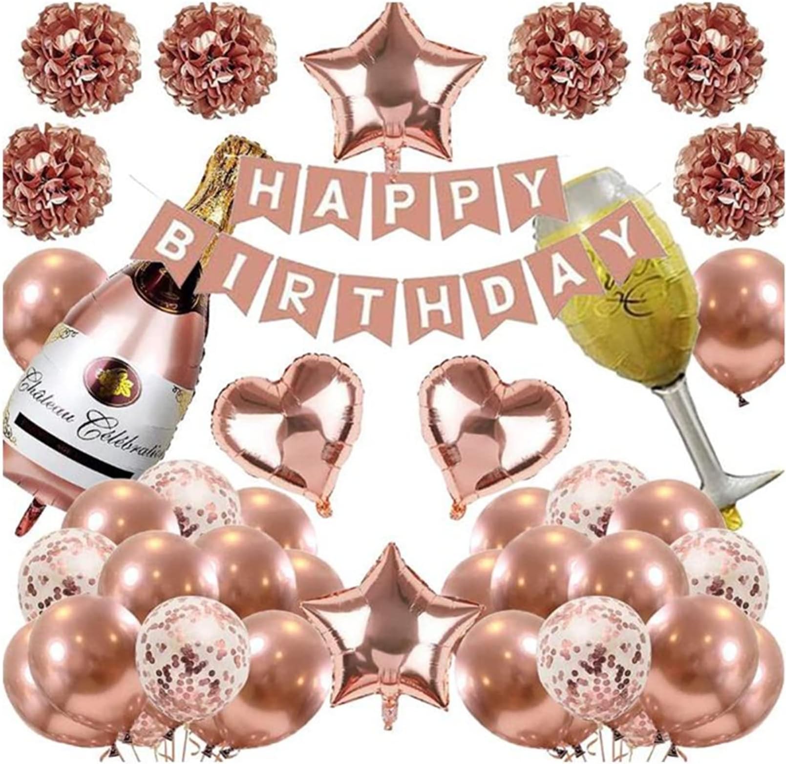 AM ANNA Rose Gold Balloons Party Decorations Supplies for Birthday, Happy Birthday Banner, Metallic Rose Gold Confetti Balloons, Foil Balloons,Tissue Flowers,Girls Women Rose Gold Decorations(46PCS)