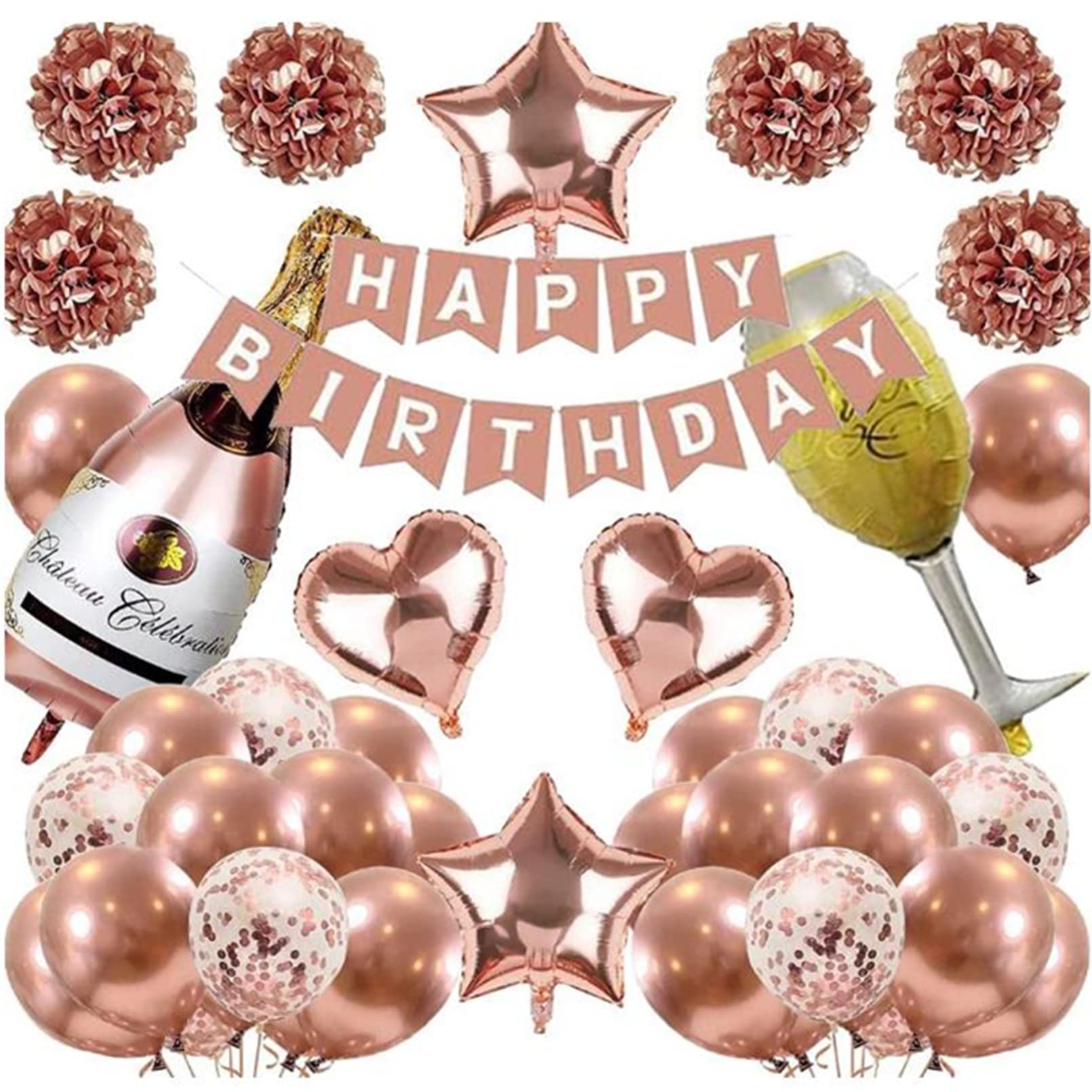 AM ANNA Rose Gold Balloons Party Decorations Supplies for Birthday, Happy Birthday Banner, Metallic Rose Gold Confetti Balloons, Foil Balloons,Tissue Flowers,Girls Women Rose Gold Decorations(46PCS)