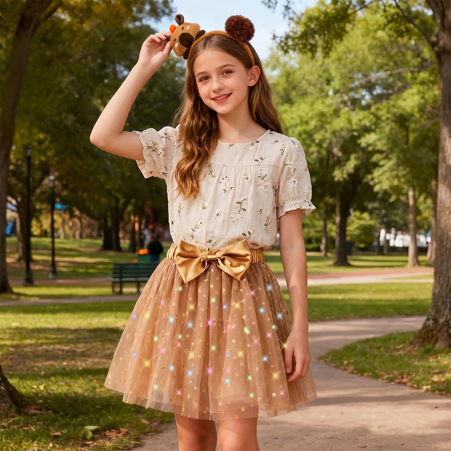 PinkSheep Girls Costume Set,Led Light Up Girls Tutu Skirt with Headband Bow Tie, Kids School Party Outfit Dress Up Cosplay