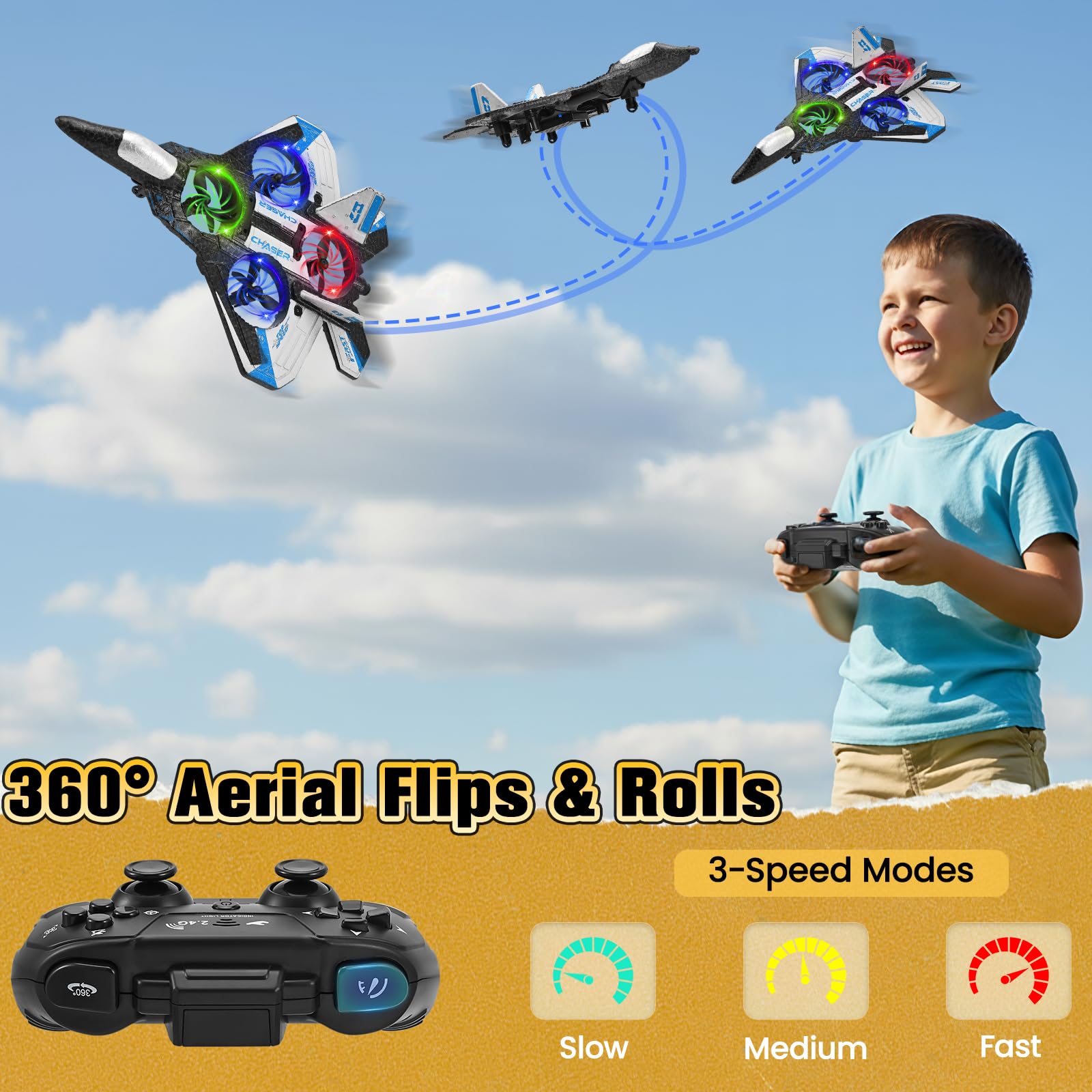 Ferngesteuertes Flugzeug, 3 Geschwindigkeitsstufen, RC Flugzeug, 360 ° Rotationen und Fässer, ausgestattet mit LED-Nachtlicht und 2 wiederaufladbaren Batterien, ideal für Anfänger und Kinder - 3