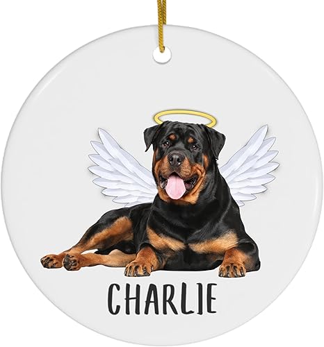 Alas de ángel Rottweiler negro bronceado conmemorativo personalizado adornos de Navidad 2024 círculo blanco cerámica cachorro propietario regalos