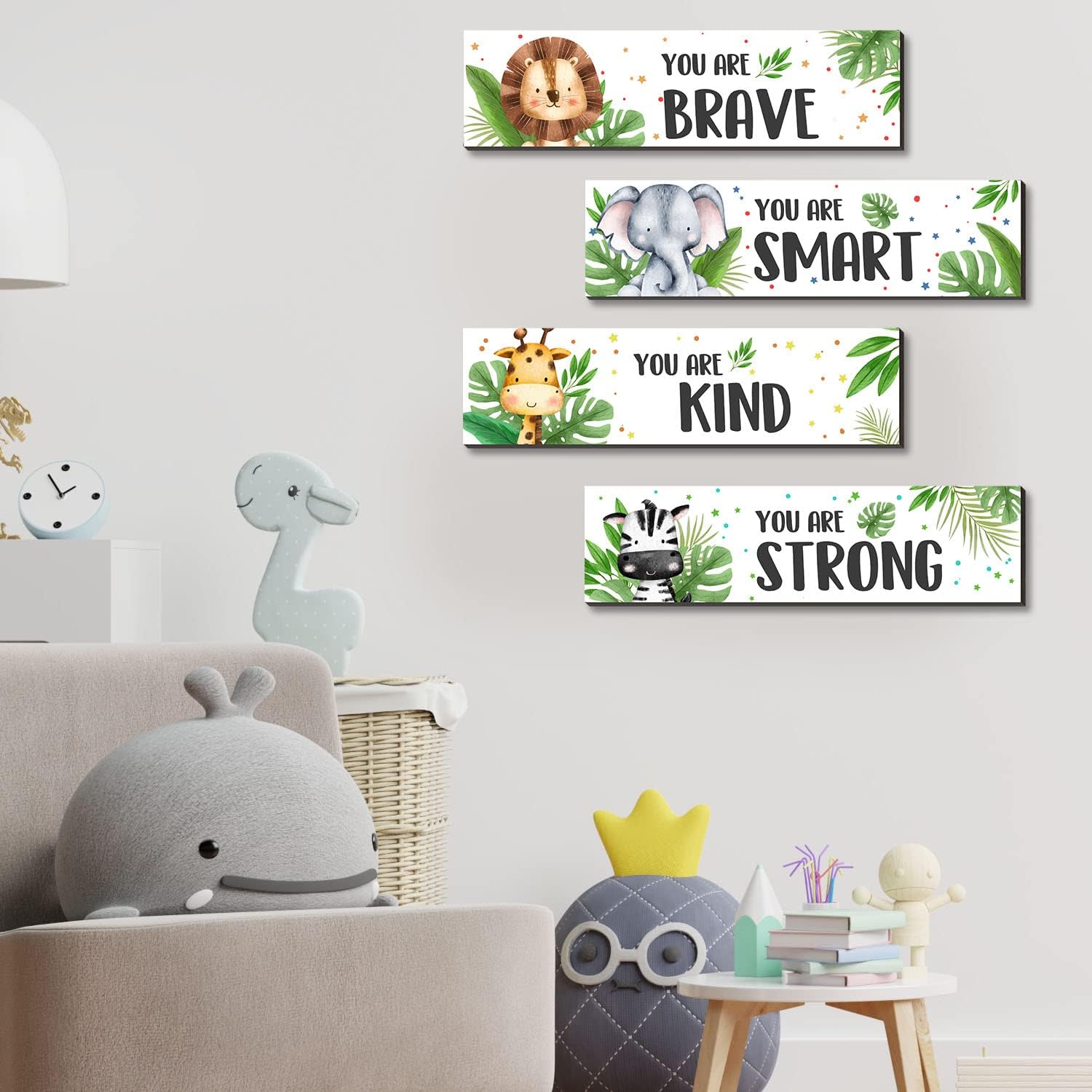 UBLURO 4 Pieces Jungle Animals Wall Art Decors - Motivational Wall Art，Jungle Animals Wooden Hanging Wall Prints Plaques，Nursery and playroom Decor image 3