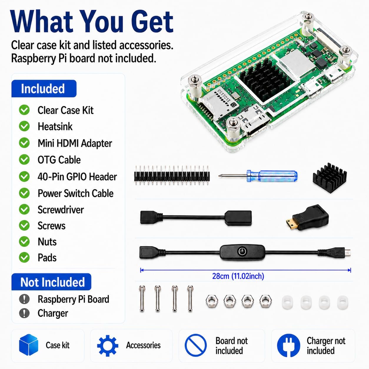 Raspberry Pi Zero Case, iUniker Case for Raspberry Pi Zero 2 w, with Heatsink, HDMI Adapter, OTG Cable, Header, Screwdriver, Power Switch for Pi Zero 2 w/w (Clear)