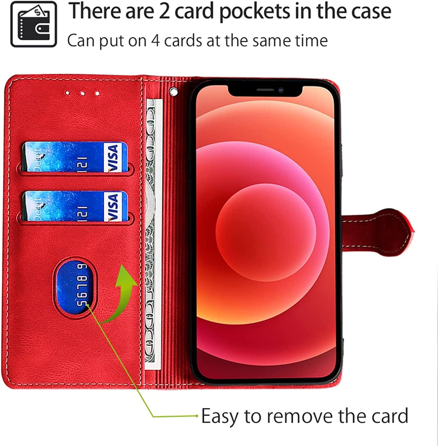 Flip Case for iPhone 14/14 Plus/14 Pro/14 Pro Max with Card Holder, Durable Leather Wallet Stand Phone Cover Magnetic Closure Shockproof TPU Inner Shell (Color : Red, Size : 14)