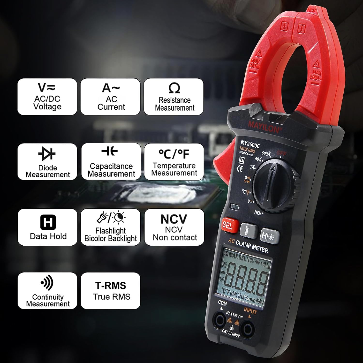 MAYILON MY2600C Clamp Meter displaying various measurement capabilities
