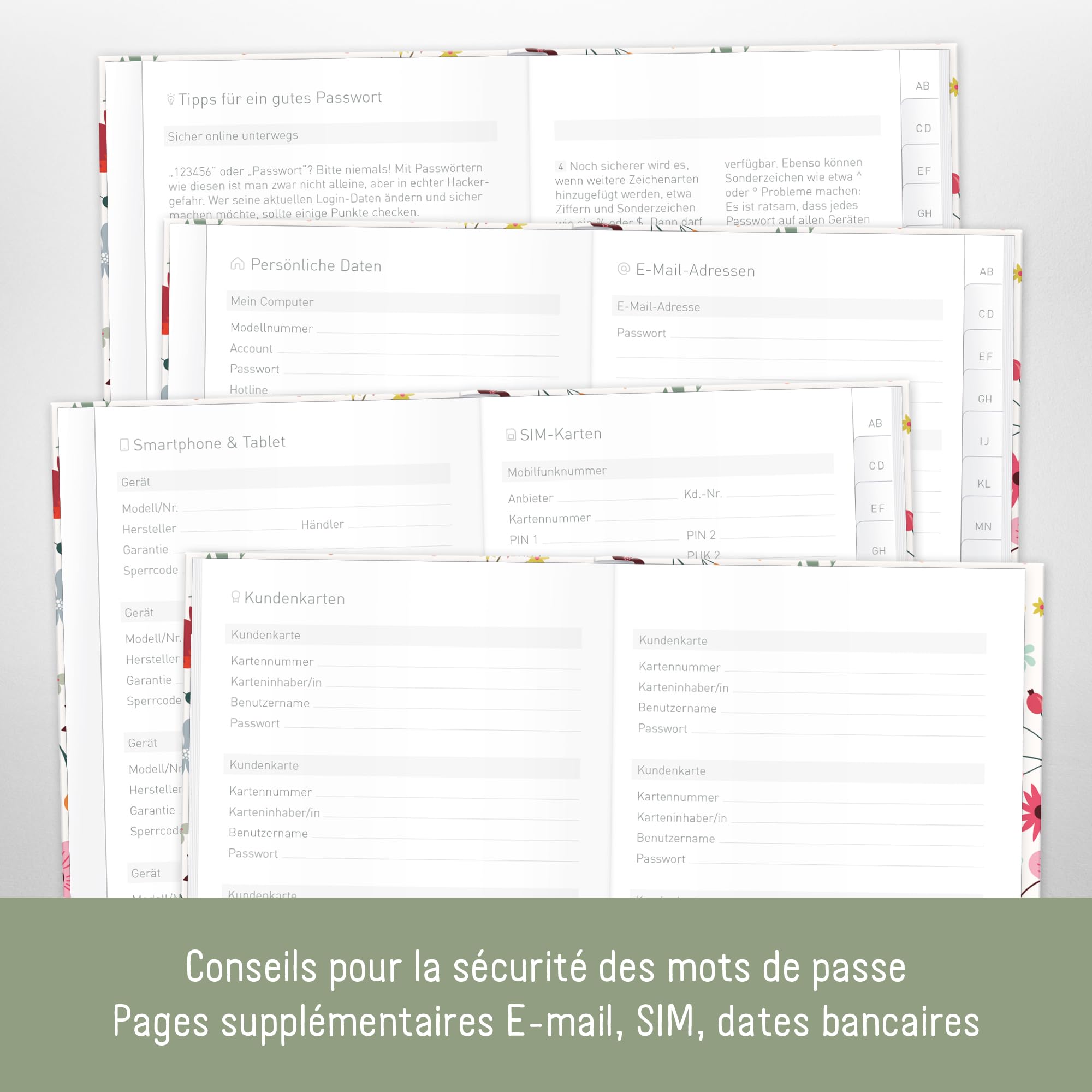 Livre de mots de passe A6+ Fleur sauvage avec onglet A-Z, gestionnaire de mots de passe durable