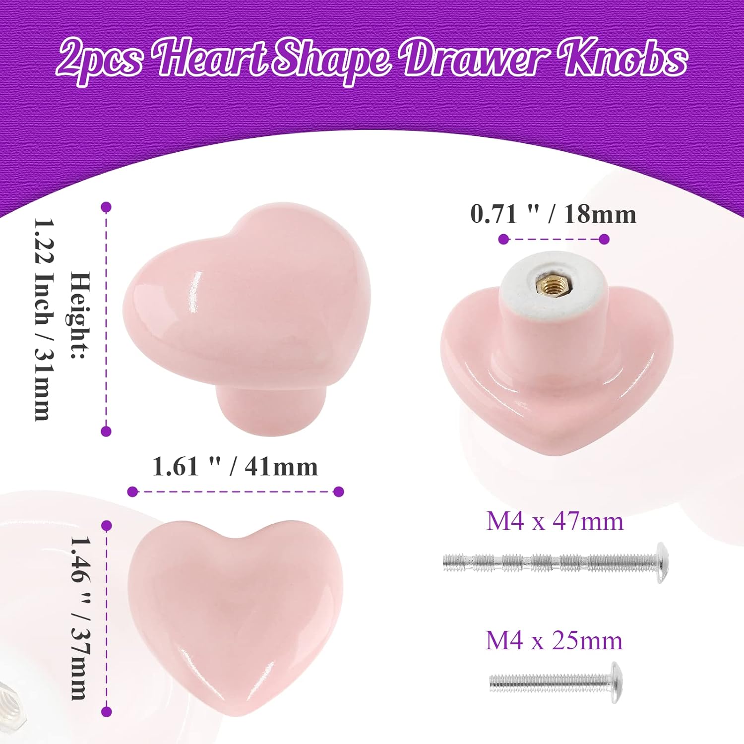 2pcs Ceramic Cabinet Knobs - Pink Heart Shaped Drawer Pulls for Kids & Girls Bedroom, Kitchen & Closet Cupboards