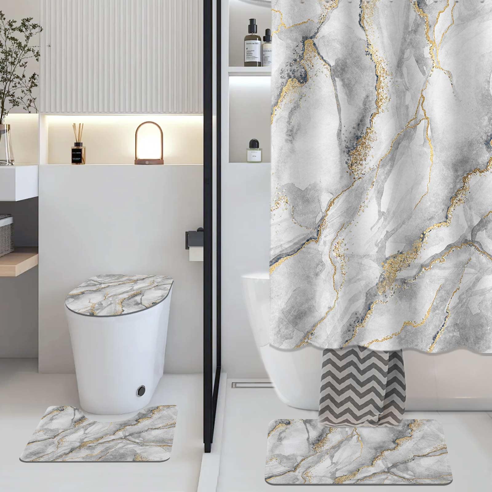 AIBIIN Marmor Duschvorhang-Sets 4-teiliges abstraktes graues Duschvorhang-Set mit rutschfesten Teppichen, moderner WC-Deckelbezug und Badematte, Badvorhang für Badezimmer-Dekor (Haken im Lieferumfang