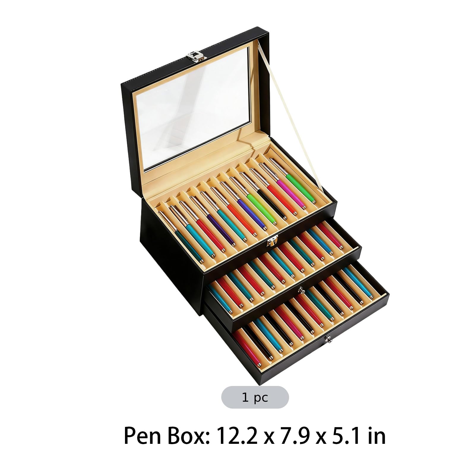Skórzany organizer na 36 przegródek, 3 warstwy, pudełko ekspozycyjne na pióro wieczne ze szklanym blatem, 31 x 20 x 13 cm, idealny do przechowywania, na wystawę, prezent