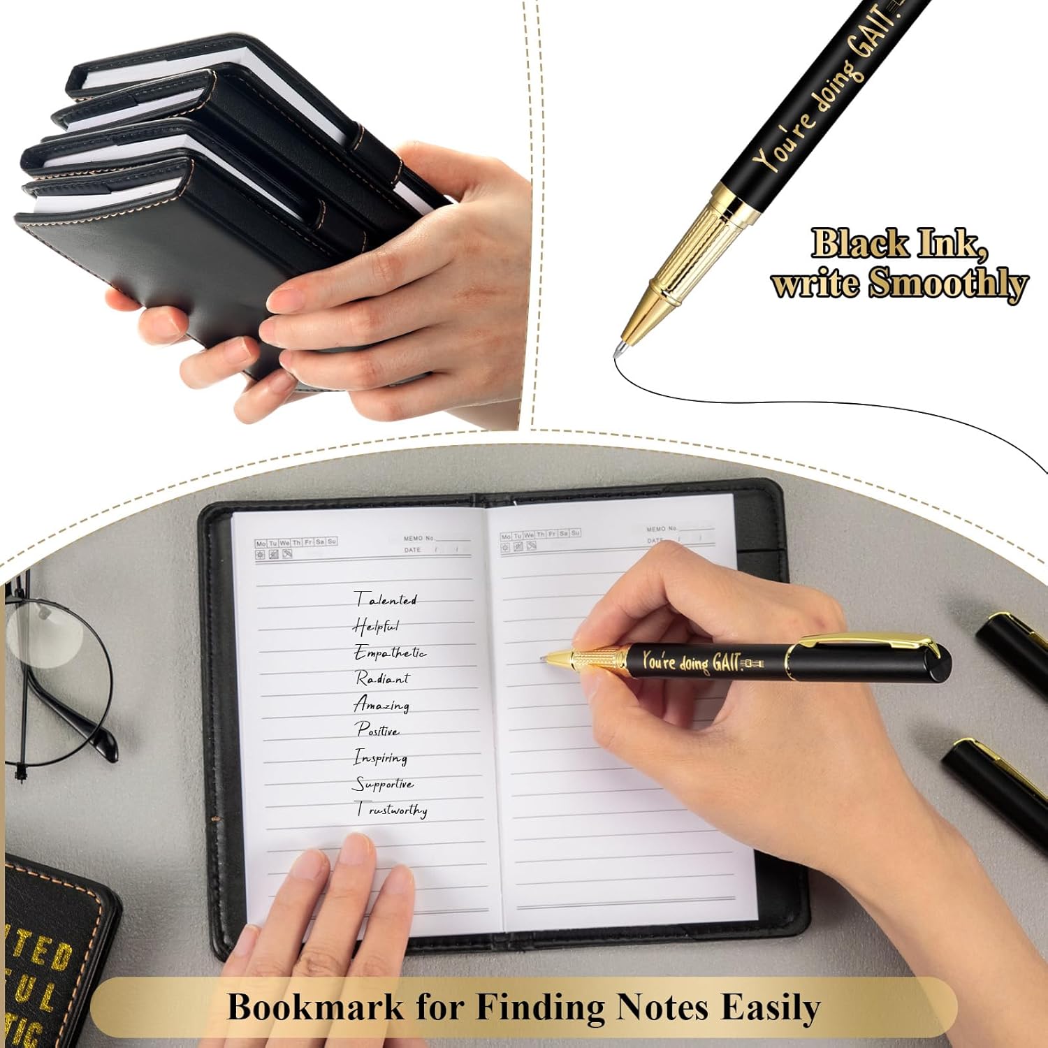 Engrowtic 10 Sets Physical Therapy Gifts, Physical Therapist Gift Inspirational Leather Notebook with You're Doing Gait Pen Therapist Notebook for Therapists Medical Institution(Black)