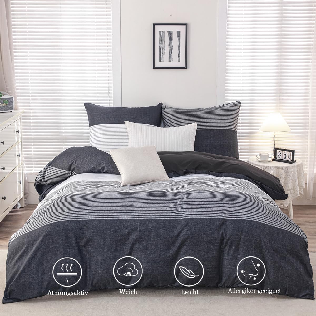Bettwäsche 135x200 Schwarz, Bettwäsche-Sets mit Gestreift Muster Microfaser Bettbezug 135 x 200 2 Teilig bügelfrei & weich - 1 Wendebettwäsche und 1 Kissenbezug 80x80 mit Reißverschluss
