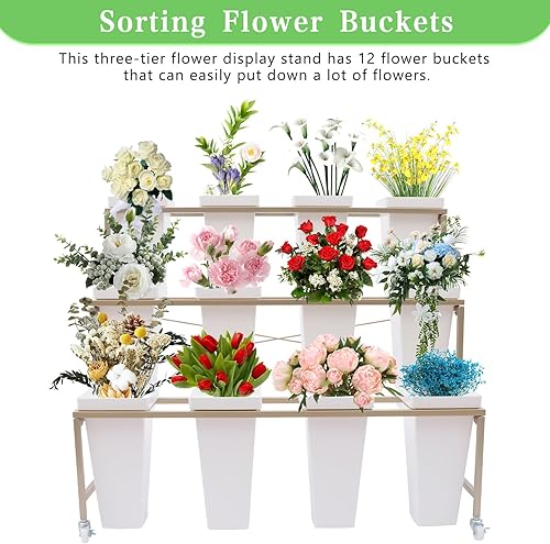 Miniatura 5 de YIYIBYUS Soporte de exhibición de flores con 12 cubos, carrito de plantas de 3 capas con ruedas, estante de flores móvil resistente para interiores,