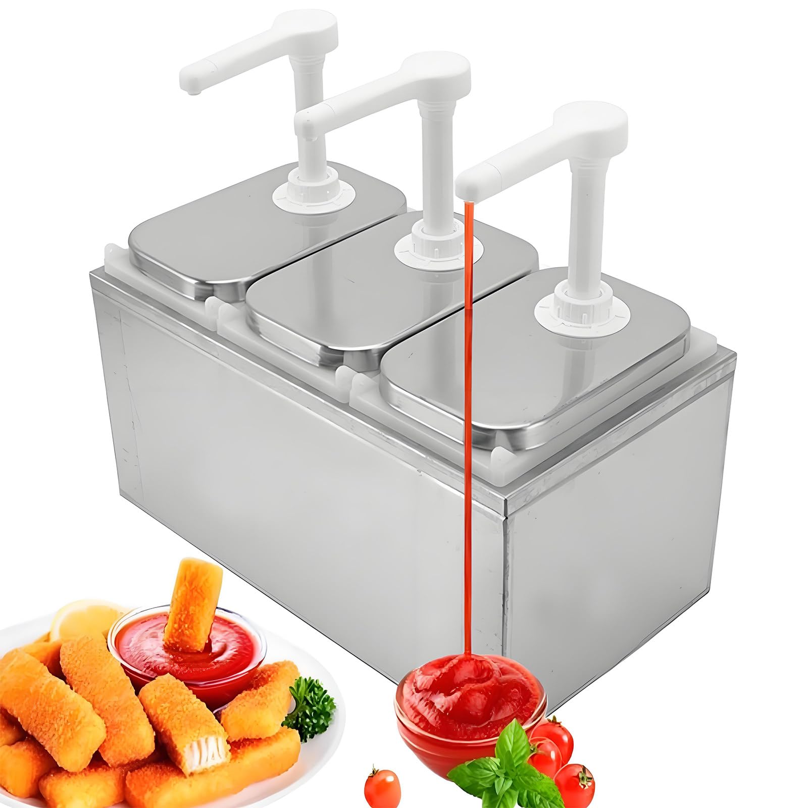 Distributore commerciale per condimenti, dispenser per salse di grado alimentare con base per condimenti per marmellate di insalate, set di contenitori da 2 litri (3 pompe)