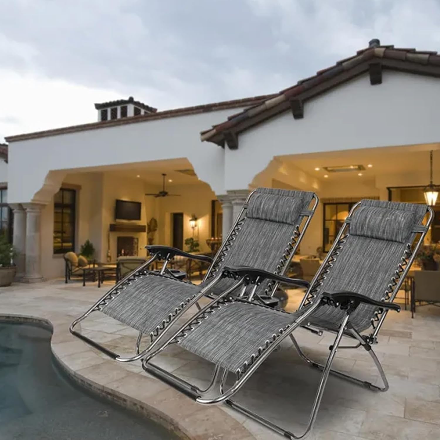 Pack of 2 Infinity Zero Gravity Chair, Outdoor Lounge Patio Chairs with Pillow and Utility Tray, Beach Chair, Folding Recliner for Poolside Backyard and Beach, Gray