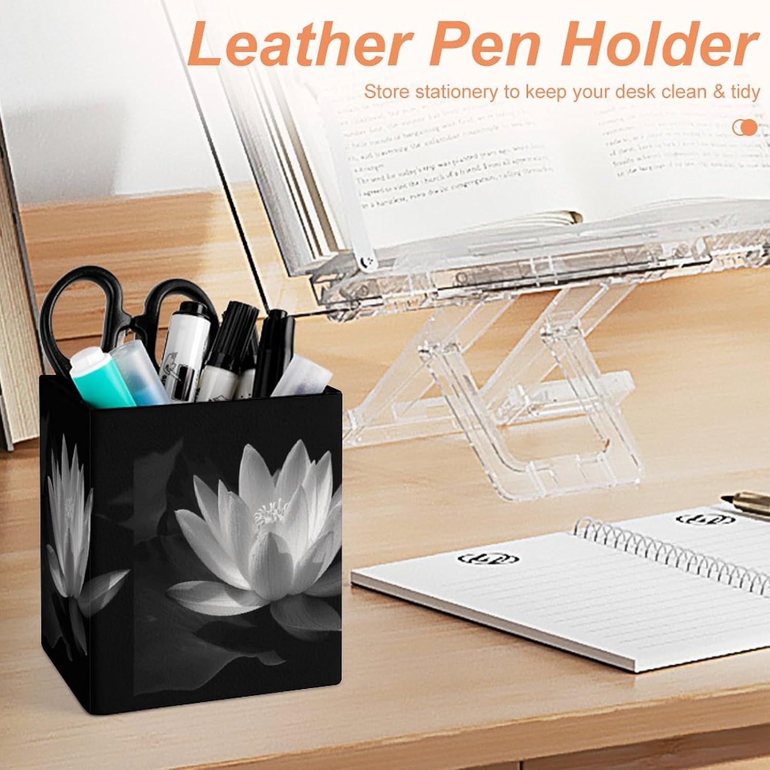 Black And White Leather Pen Holder Desk, Pencil Cup Makeup Brush Holder Desktop Organizer Storage Case Stationery for Home Office Supplies image 4