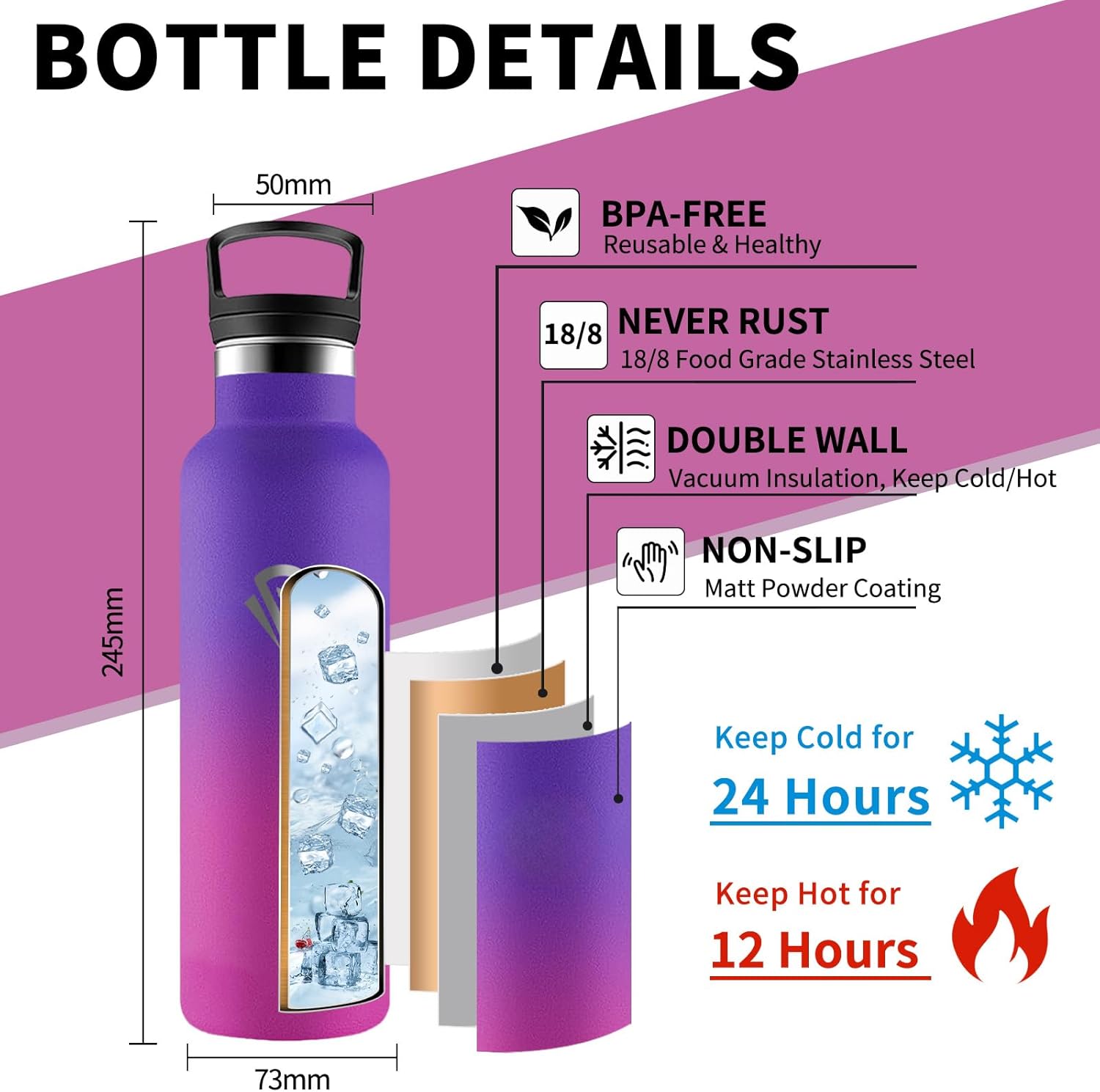 Grsta Thermos Flask, 500 ml Stainless Steel Drinking Bottle with Straw, BPA-Free, Leak-Proof, Double-Walled Vacuum Insulated, Water Bottle for School, Travel, Camping, Office