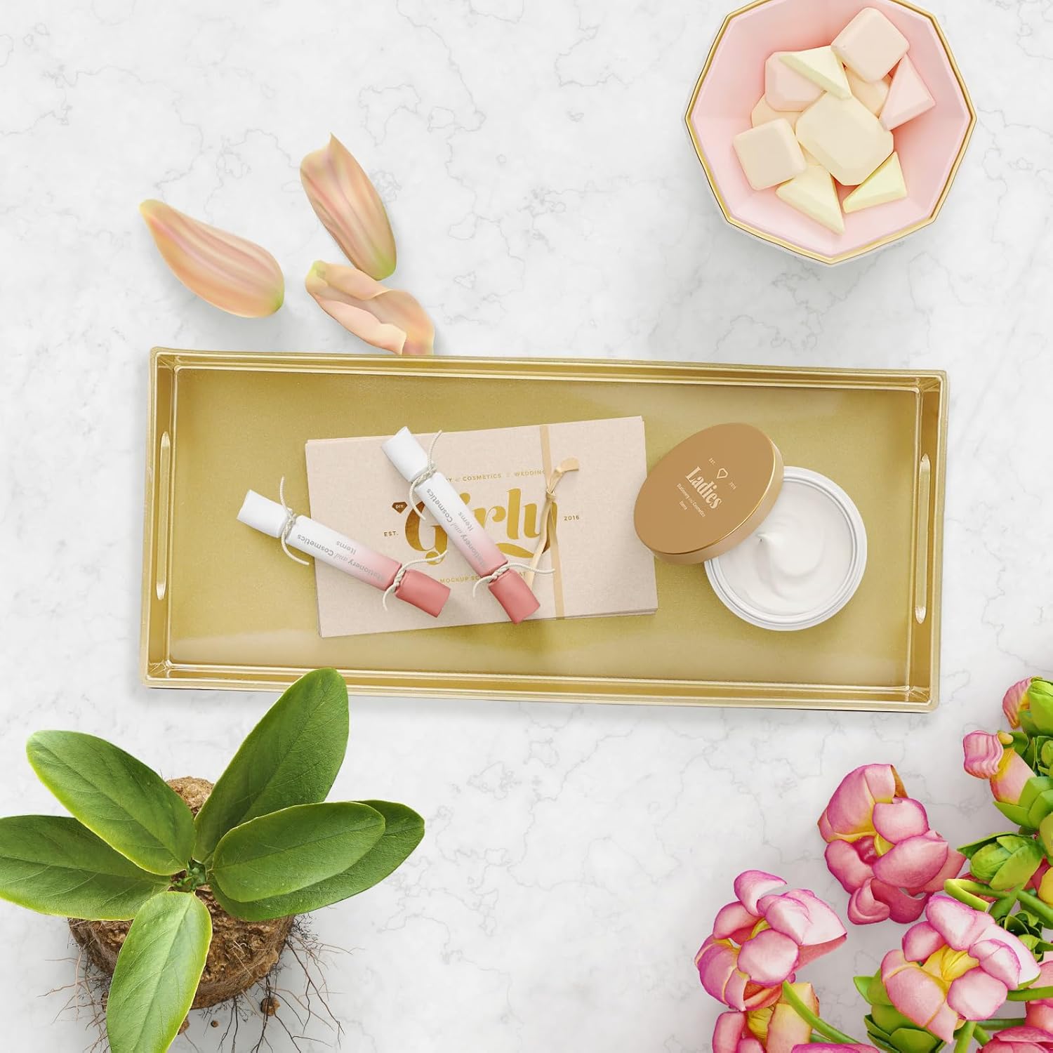 Plastic Gold Vanity Tray with Handles, Small Decorative Tray Desktop Storage Organizer for Bathroom, Living Room, 13.7"*5.9"*1.37" - Image 4