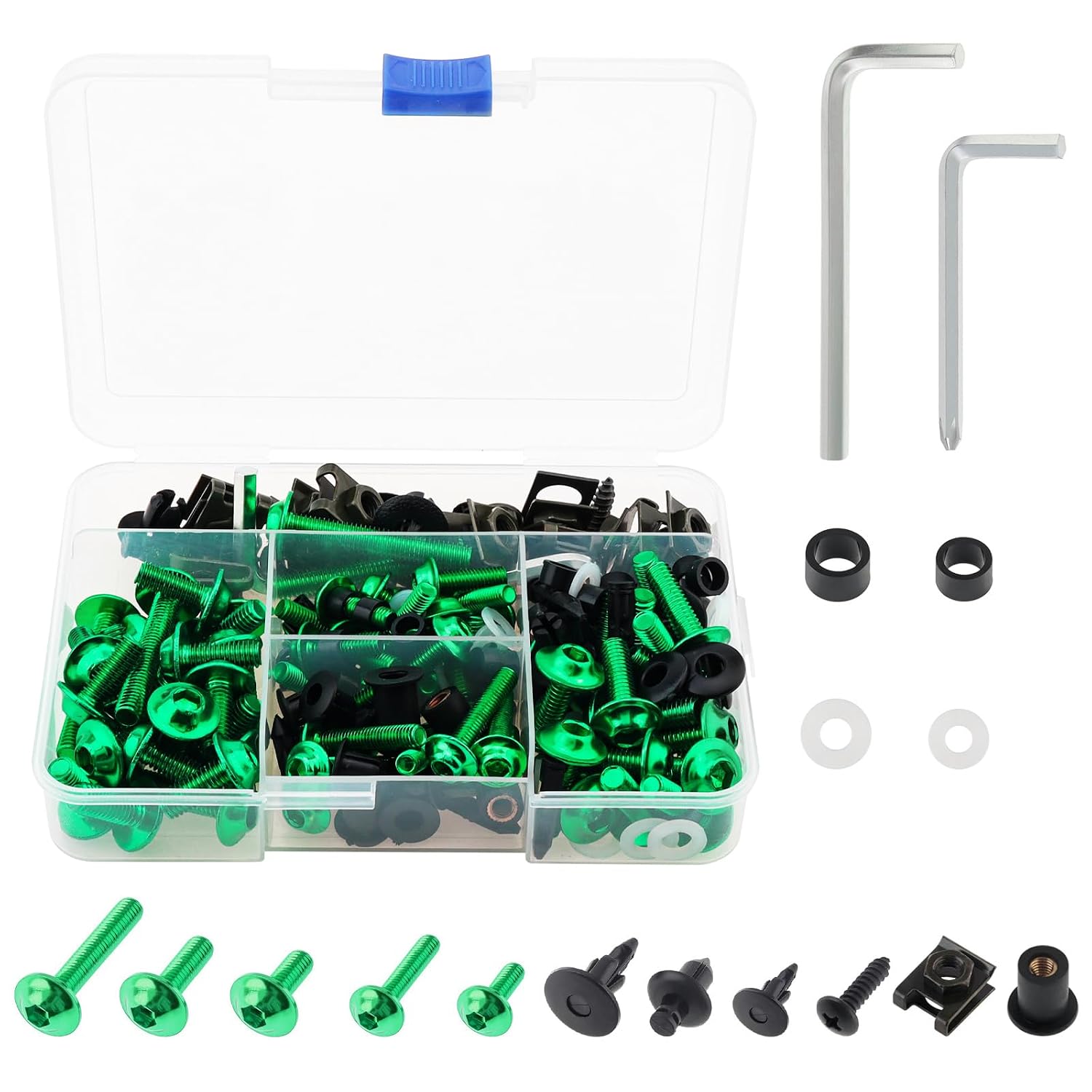 Windance 194pcs/set M5 M6 Fairing Bolt Kit Fit for Yamaha Honda Kawasaki Suzuki BMW Motorcycle Mounting Kits Washers Nuts Screws Clips, Aluminum Alloy Screws Fasteners (Green)