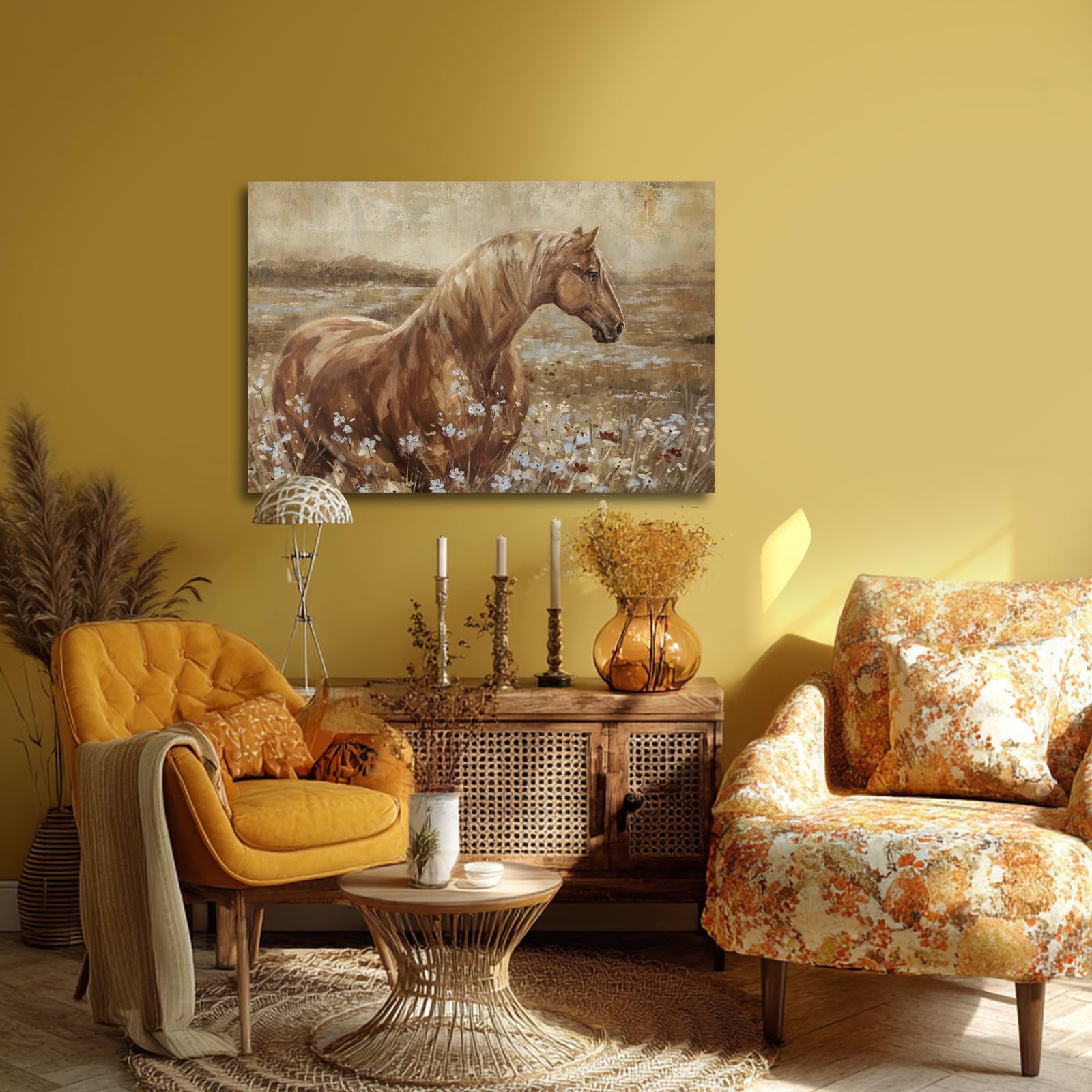 ZENPEE Horse Canvas Wall Art for Farmhouse Decor, Neutral Brown/Beige Equestrian Picture with Wildflower Meadow, Animal Artwork for Living Room Bedroom Office, Ready to Hang, 24 x 36 Inches