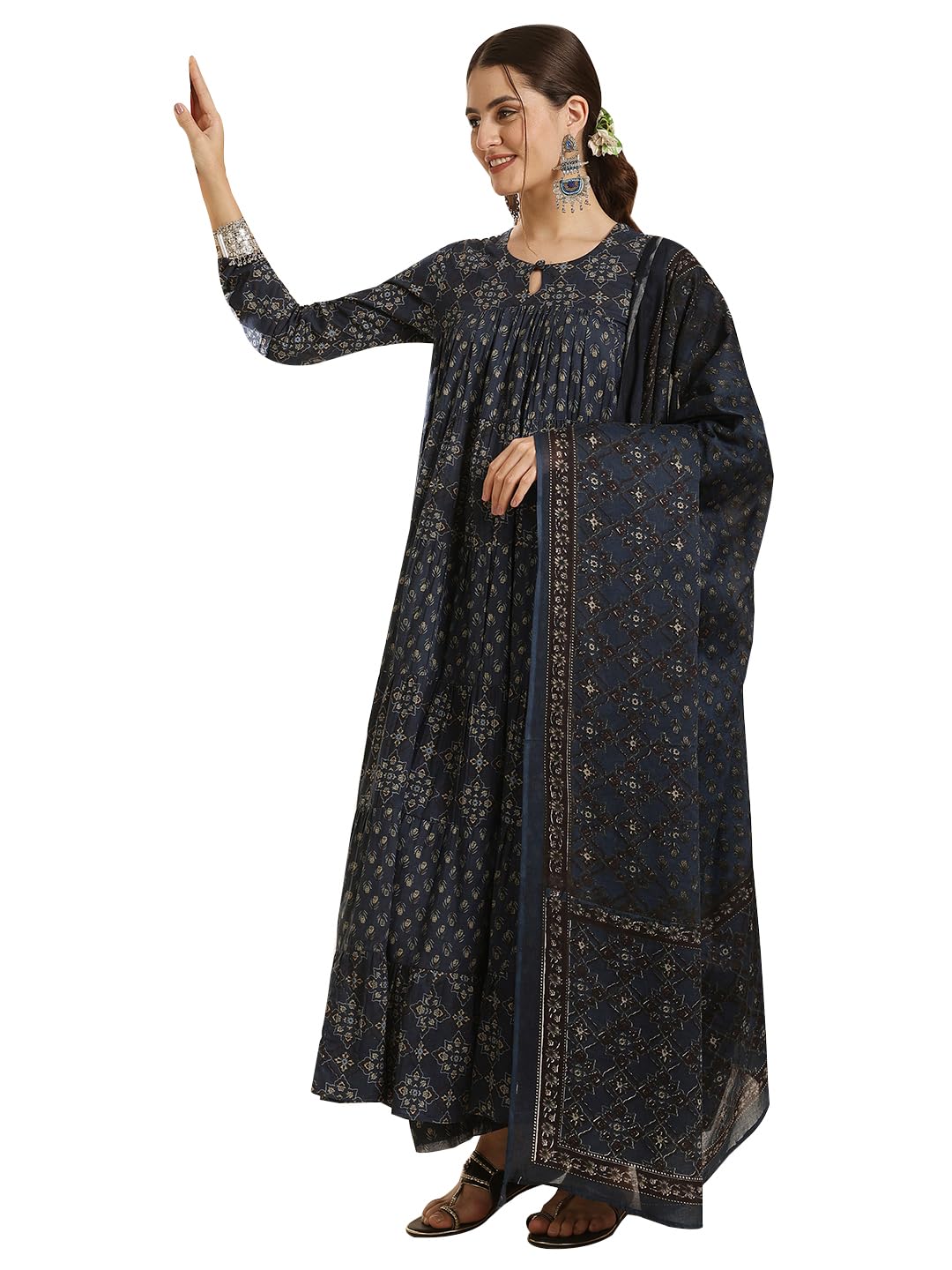 gulmohar jaipur Women's Cotton Calf Length Printed Key Hole Neck Anarkali Kurta Suit Set-picture-30